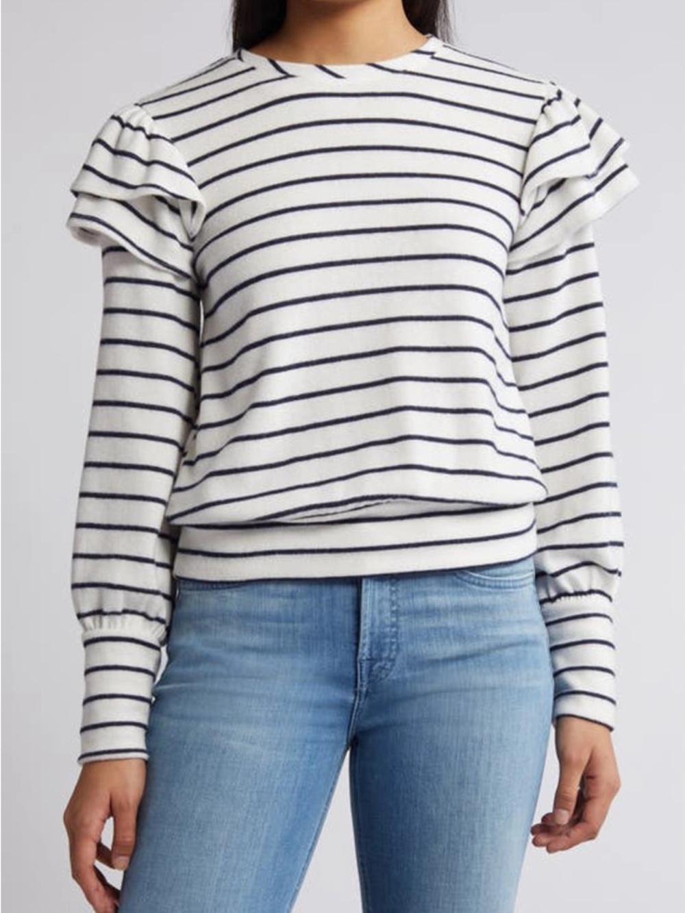 Caslon White and Navy Striped Ruffle-Shoulder Pullover
